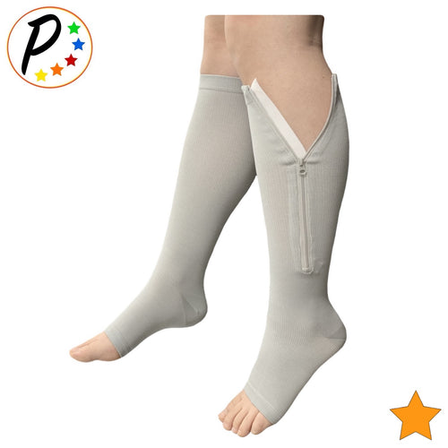 Open Toe 15-20 mmHg Moderate Compression Leg Calf YKK Zipper Gray Socks