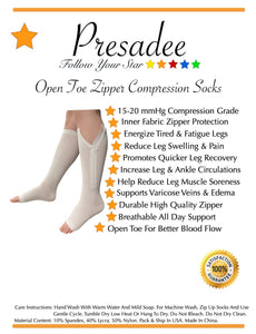 Open Toe 15-20 mmHg Moderate Compression Leg YKK Zipper White Socks