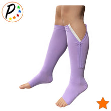 Load image into Gallery viewer, Open Toe 15-20 mmHg Moderate Compression Leg Swelling Calf Relief Zipper Purple Socks