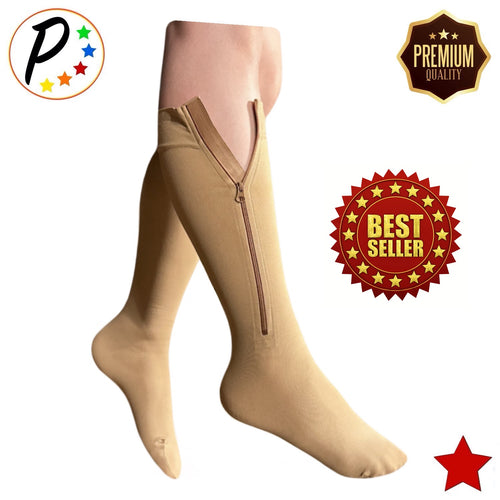 ZURU BUNCH Zip Socks Compression Socks with Zipper Supports Leg Knee  Stockings Open Toe - (Beige) (Skin Color)