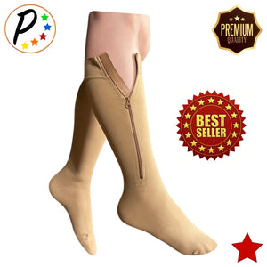 Zip-Up Compression Socks 20-30 mmHg GRADE Knee-High Unisex Leg Support NUDE