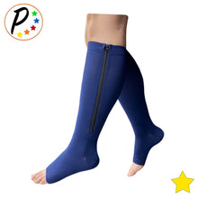 Load image into Gallery viewer, Open Toe 8-15 mmHg Mild Compression Leg Calf Circulation Zipper Navy Socks