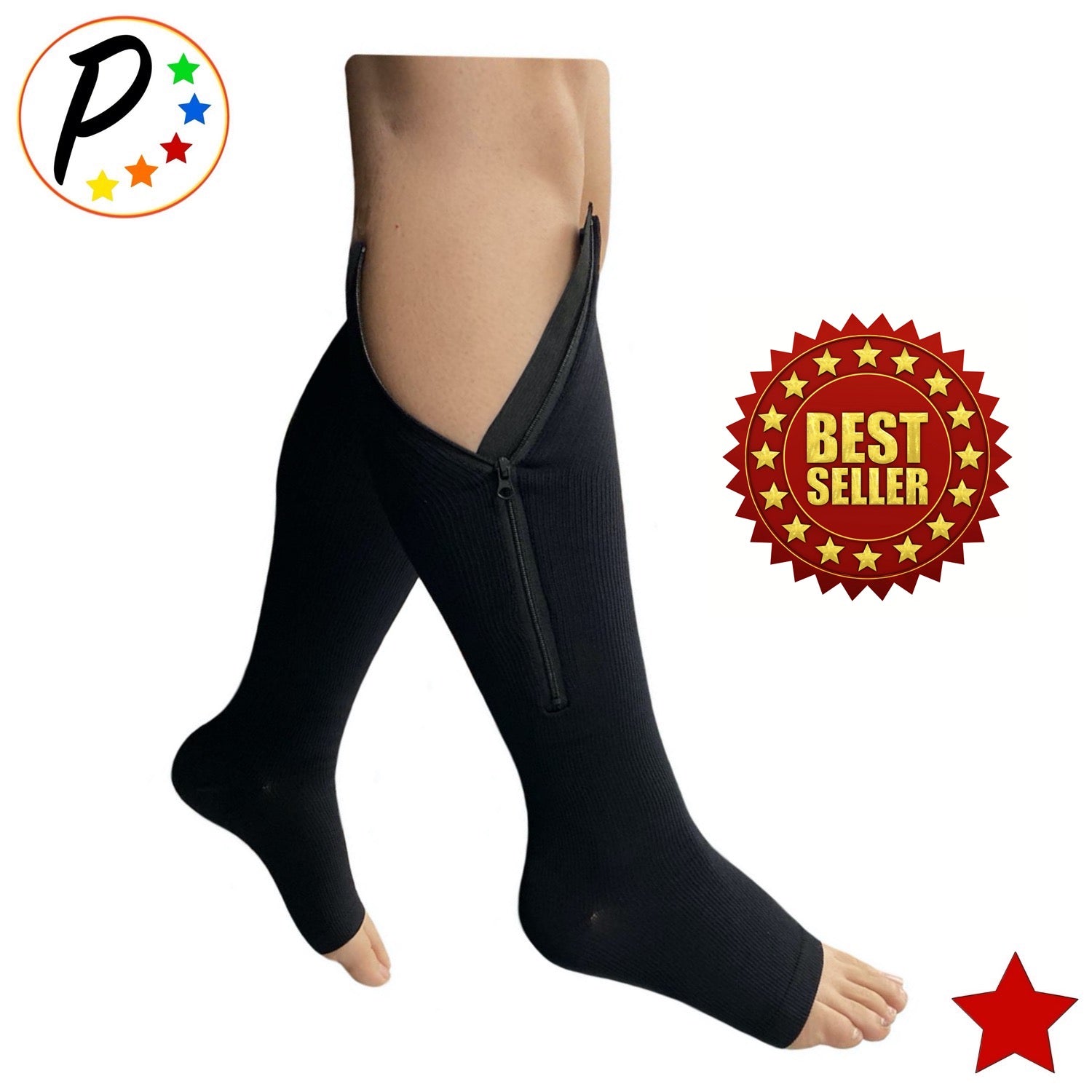 Zip Sox Compression Socks Zipper Leg Support Knee Open Toe Shaper Stockings  A 