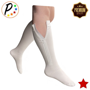 Premium Closed Toe 20-30 mmHg Firm Compression Leg Calf YKK Zipper White Socks