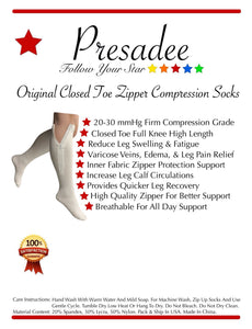 Original White Closed Toe 20-30 mmHg Firm Compression Calf Leg Circulation Zipper Socks