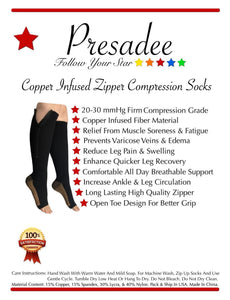 Copper Infused 20-30 mmHg Firm Zipper Compression Long Knee Length Open Toe Socks
