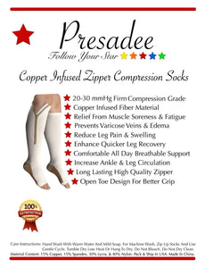 Copper Infused 20-30 mmHg Firm Zipper Compression Long Knee Length Open Toe Socks