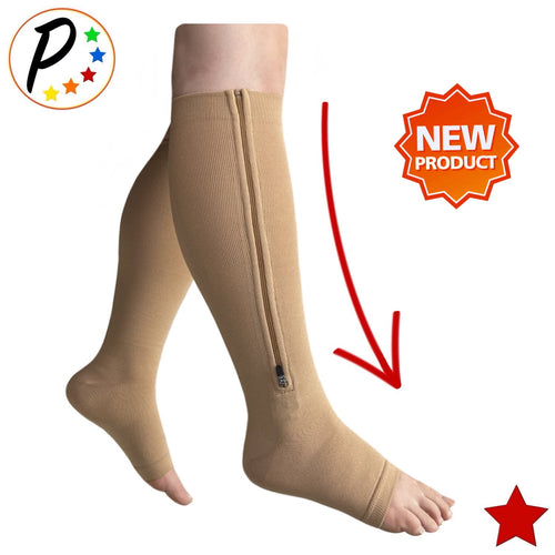 2 NEW Compression Socks Zip Zipper Leg Support Open Toe Knee Long