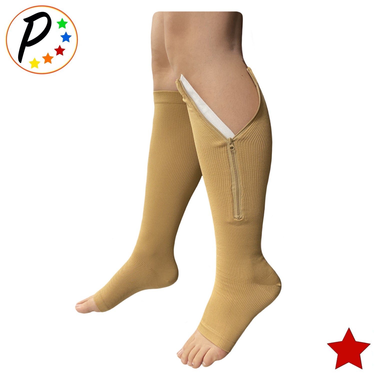 20-30mmHg Open Toe Zipper Compression Socks – Calf Length, Leg Support For Varicose Veins, Black/Beige