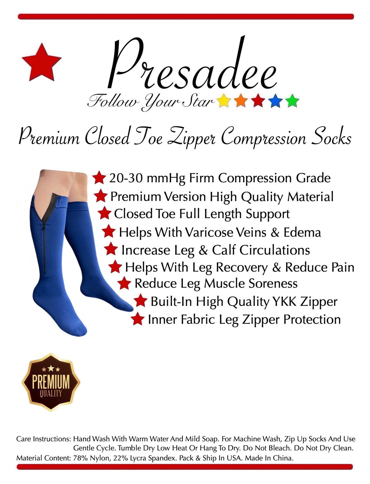 Original Closed Toe 20-30 mmHg Firm Compression Leg Calf With YKK Zipp –  Presadee