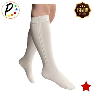 Premium Closed Toe 20-30 mmHg Firm Compression Leg Calf YKK Zipper White Socks