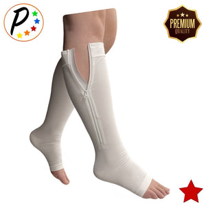 Premium Open Toe 20-30 mmHg Firm Leg Compression Swelling YKK Zipper White Socks