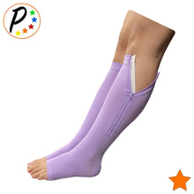 Load image into Gallery viewer, Open Toe 15-20 mmHg Moderate Compression Leg Swelling Calf Relief Zipper Purple Socks
