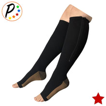 Load image into Gallery viewer, Copper Infused 20-30 mmHg Firm Zipper Compression Long Knee Length Open Toe Socks