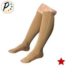 Load image into Gallery viewer, Copper Infused 20-30 mmHg Firm Zipper Compression Long Knee Length Open Toe Socks